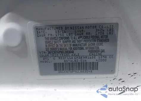 2016 Nissan Versa 1.6 Sv z USA, uszkodzony, nr VIN 3N1CN7AP9GL883048